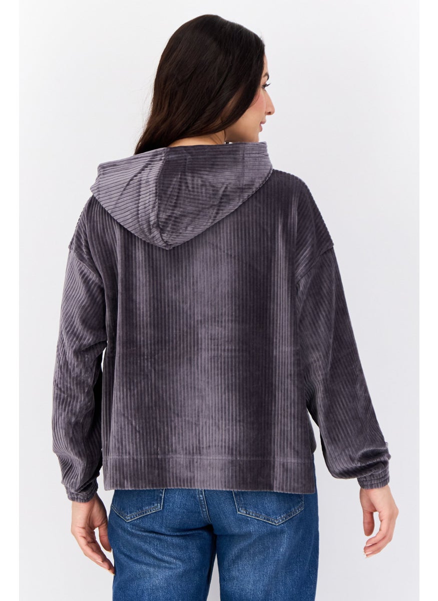 Women Textured Long Sleeves Hoodie, Dark Grey