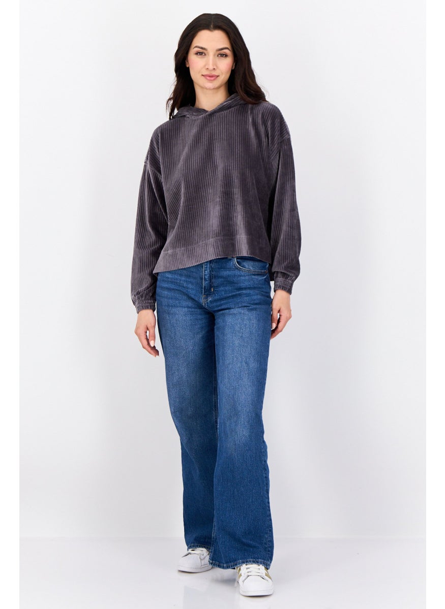 Women Textured Long Sleeves Hoodie, Dark Grey