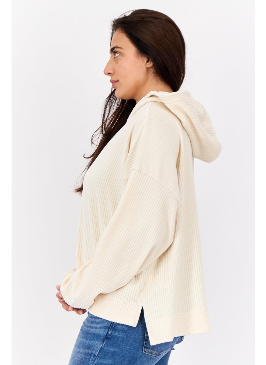 Women Hooded Ribbed Sweatshirt, Ivory