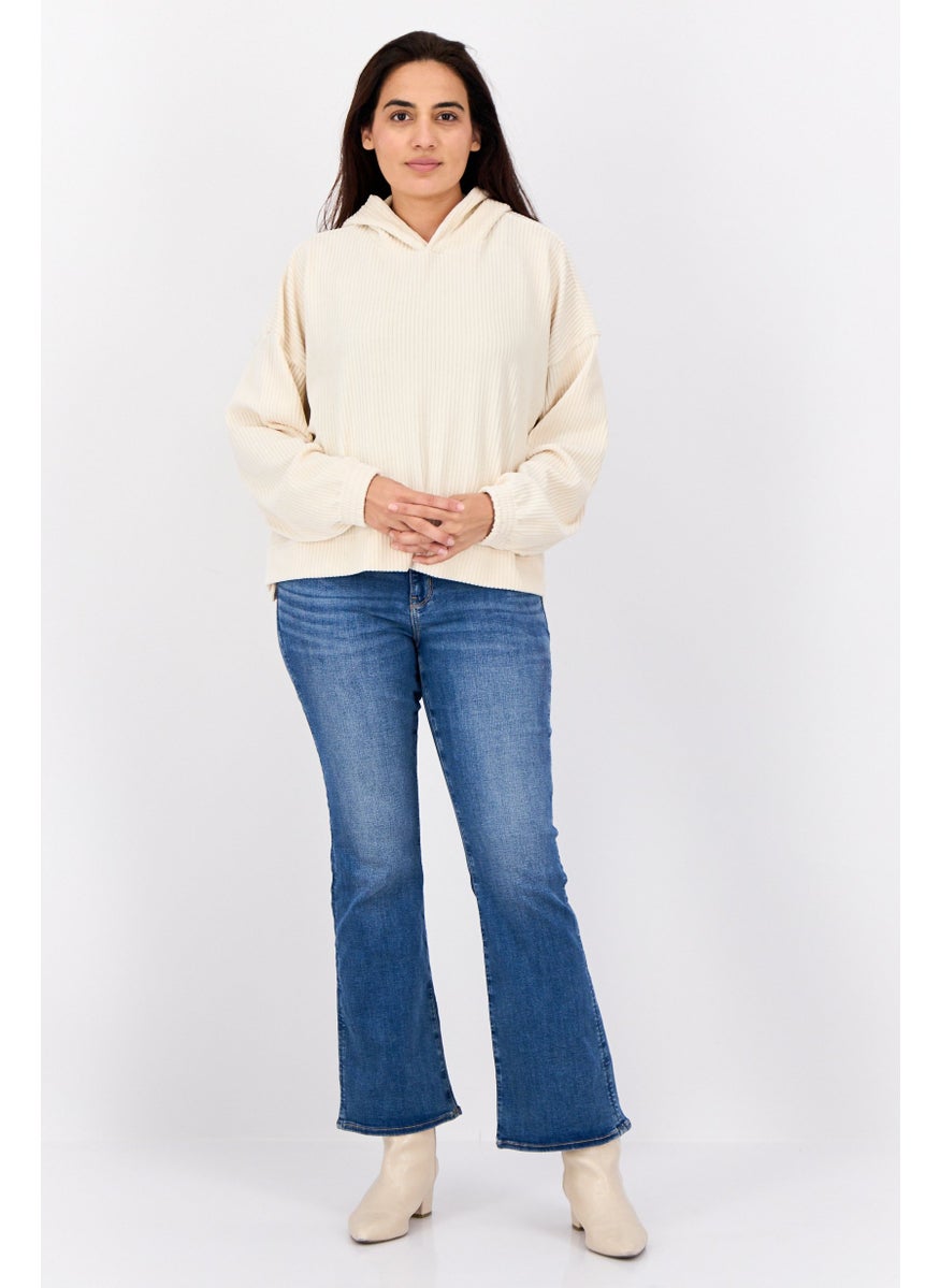 Women Hooded Ribbed Sweatshirt, Ivory