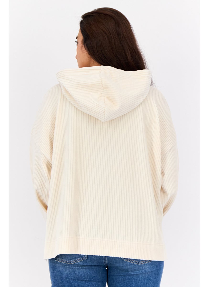 Women Hooded Ribbed Sweatshirt, Ivory