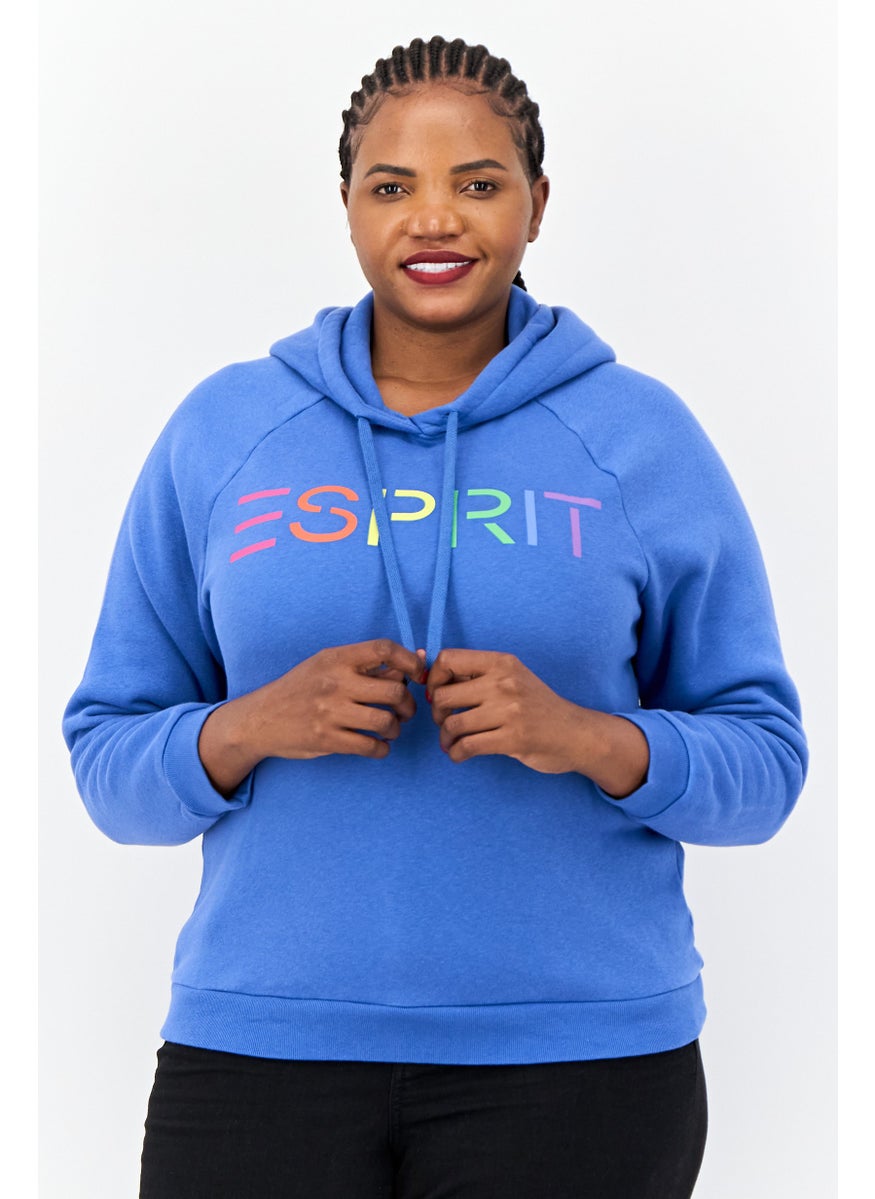 Women Brand Logo Long Sleeves Hoodie, Blue