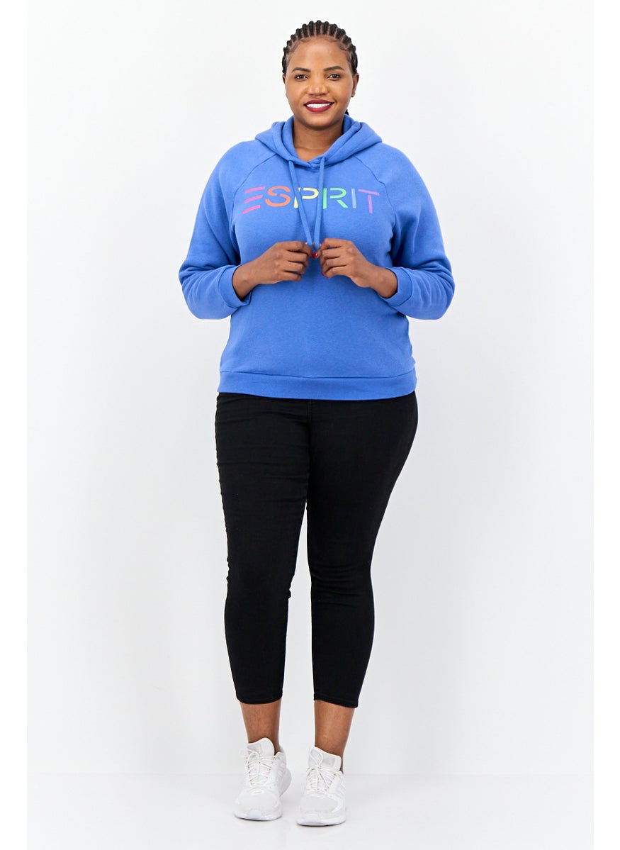 Women Brand Logo Long Sleeves Hoodie, Blue