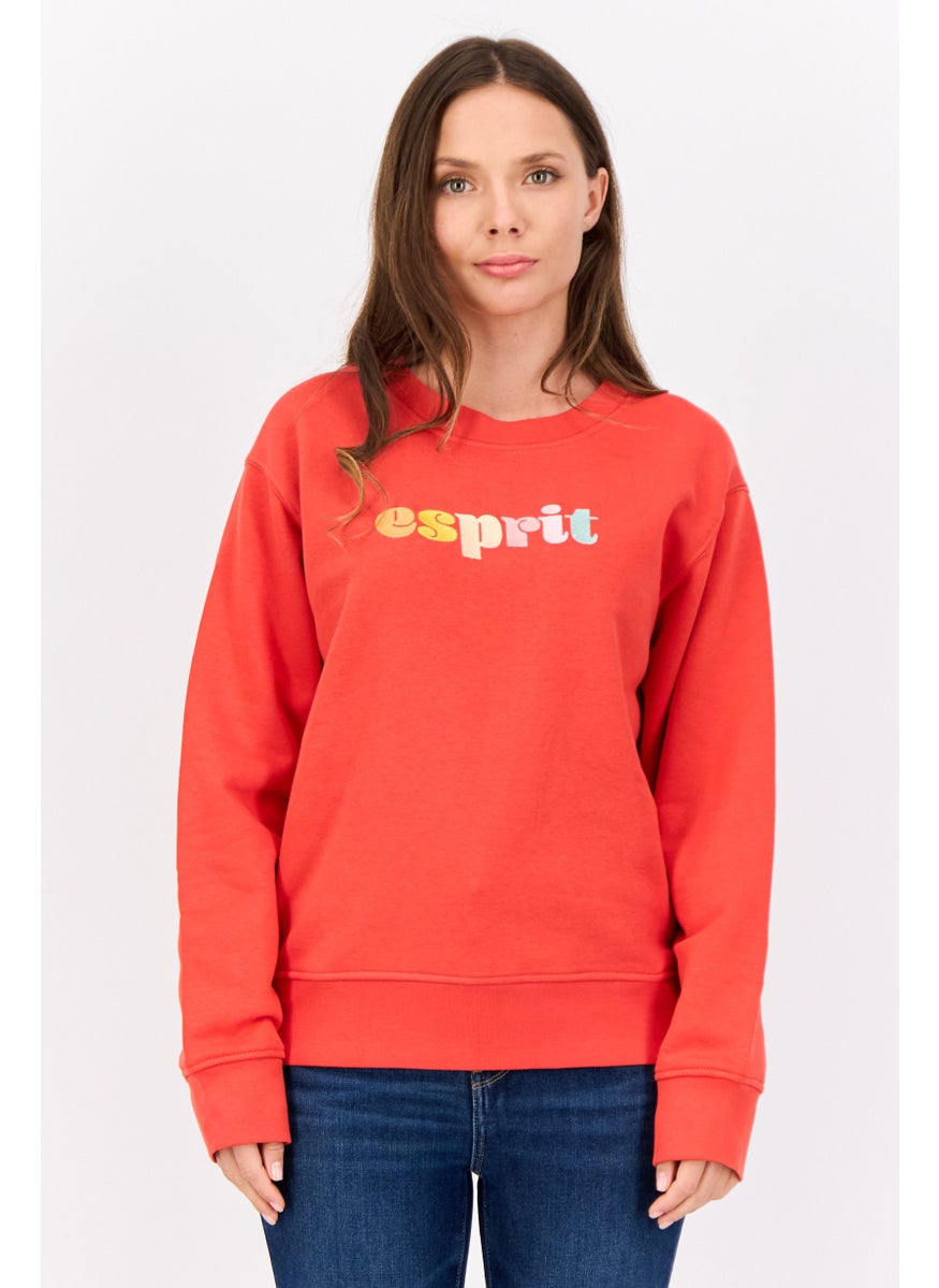 Women Crew Neck Long Sleeves Embroidered Logo  Sweatshirt, Red