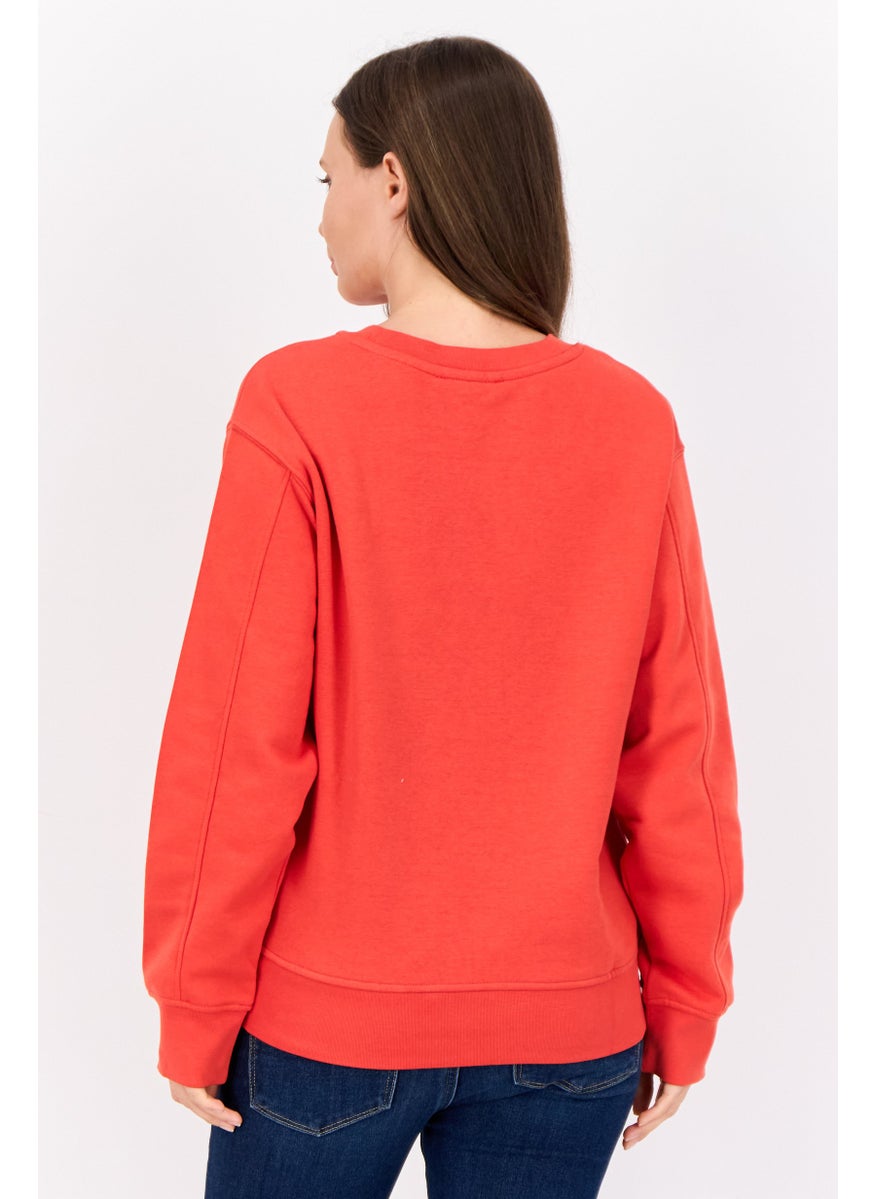 Women Crew Neck Long Sleeves Embroidered Logo  Sweatshirt, Red