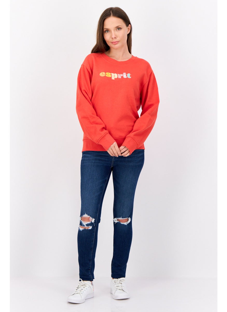 Women Crew Neck Long Sleeves Embroidered Logo  Sweatshirt, Red