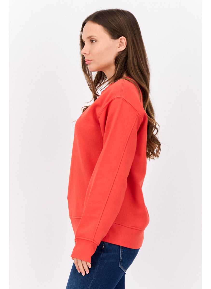 Women Crew Neck Long Sleeves Embroidered Logo  Sweatshirt, Red