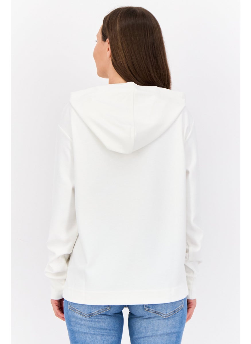 Women Brand Logo Long Sleeves Hooded Sweatshirt, Off White