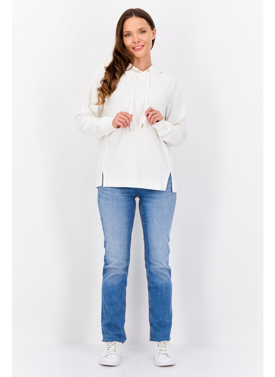 Women Brand Logo Long Sleeves Hooded Sweatshirt, Off White