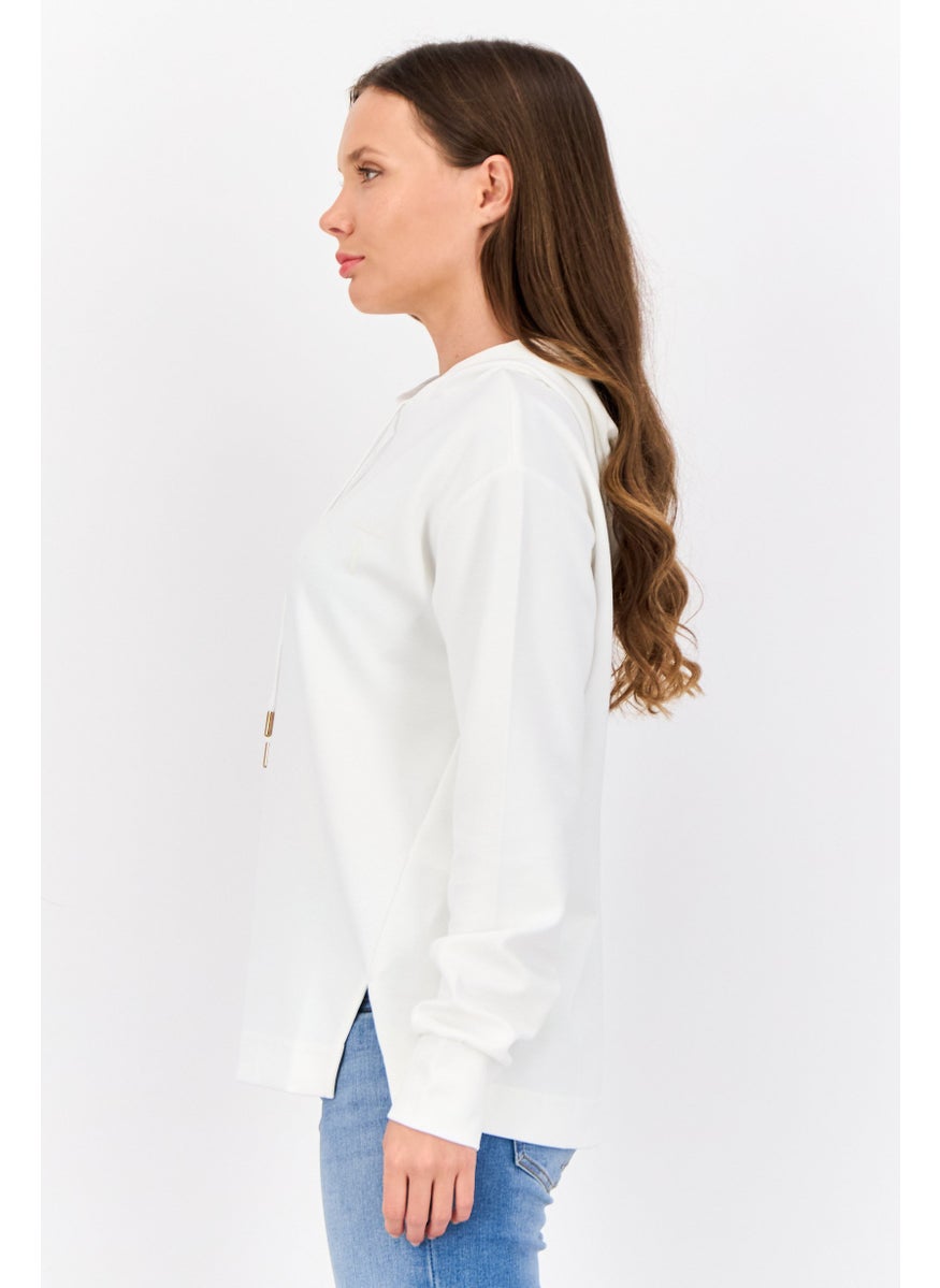 Women Brand Logo Long Sleeves Hooded Sweatshirt, Off White