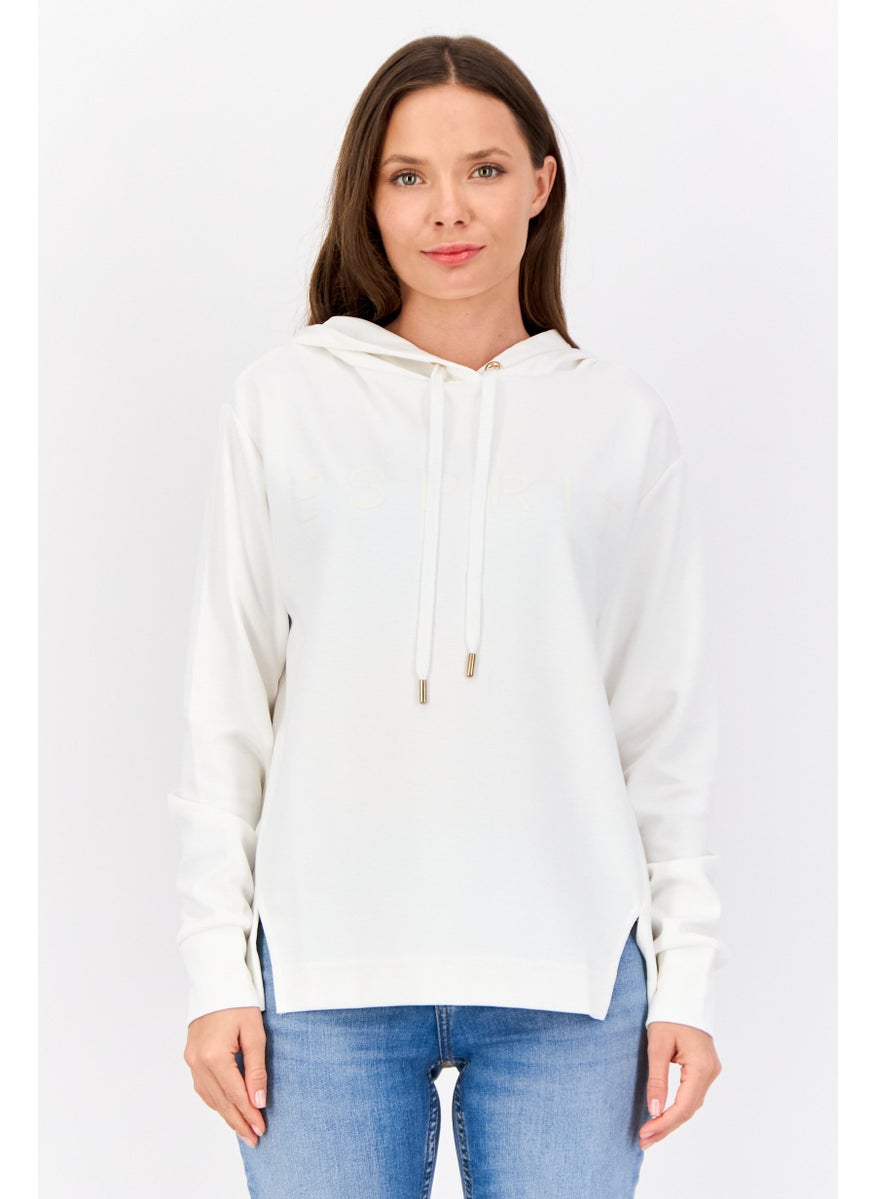 Women Brand Logo Long Sleeves Hooded Sweatshirt, Off White