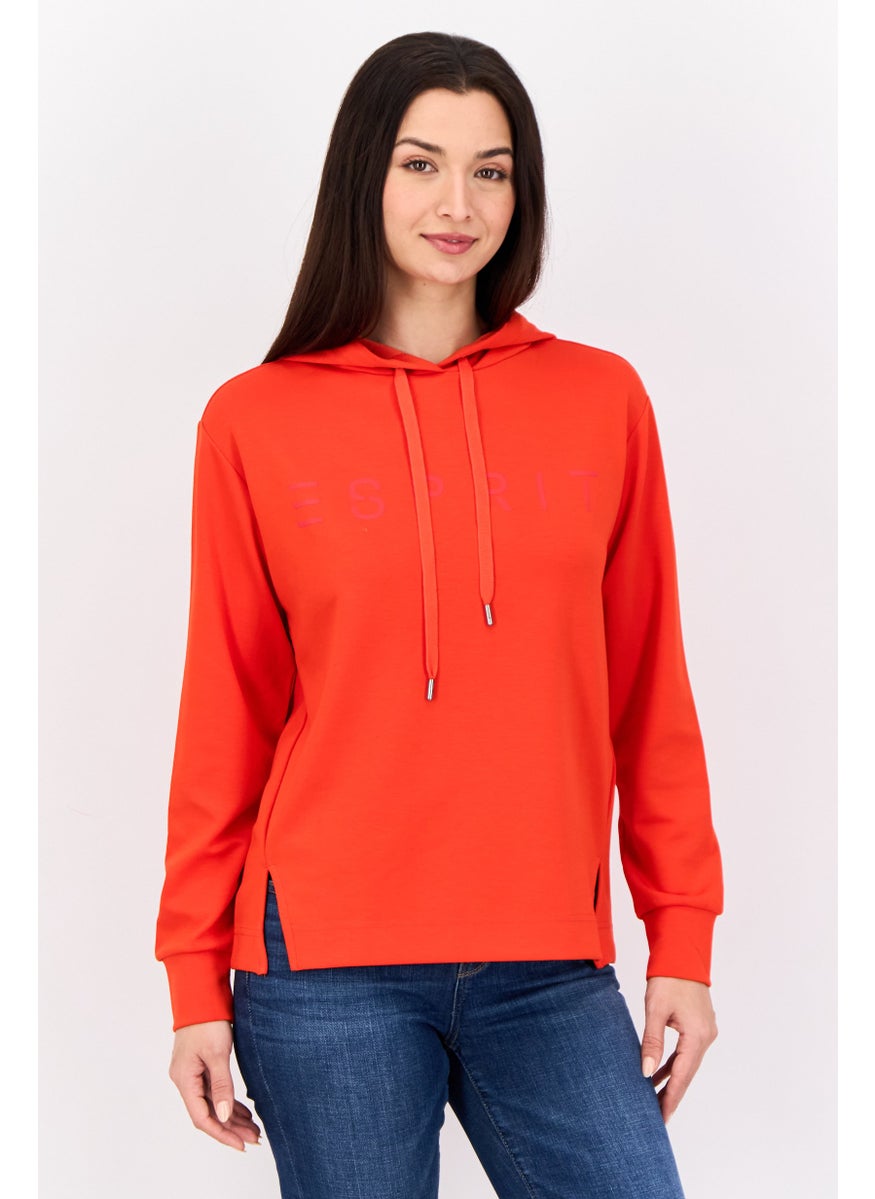 Women Brand Logo Long Sleeves Hooded Sweatshirt, Red