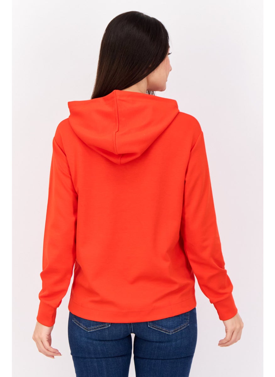 Women Brand Logo Long Sleeves Hooded Sweatshirt, Red
