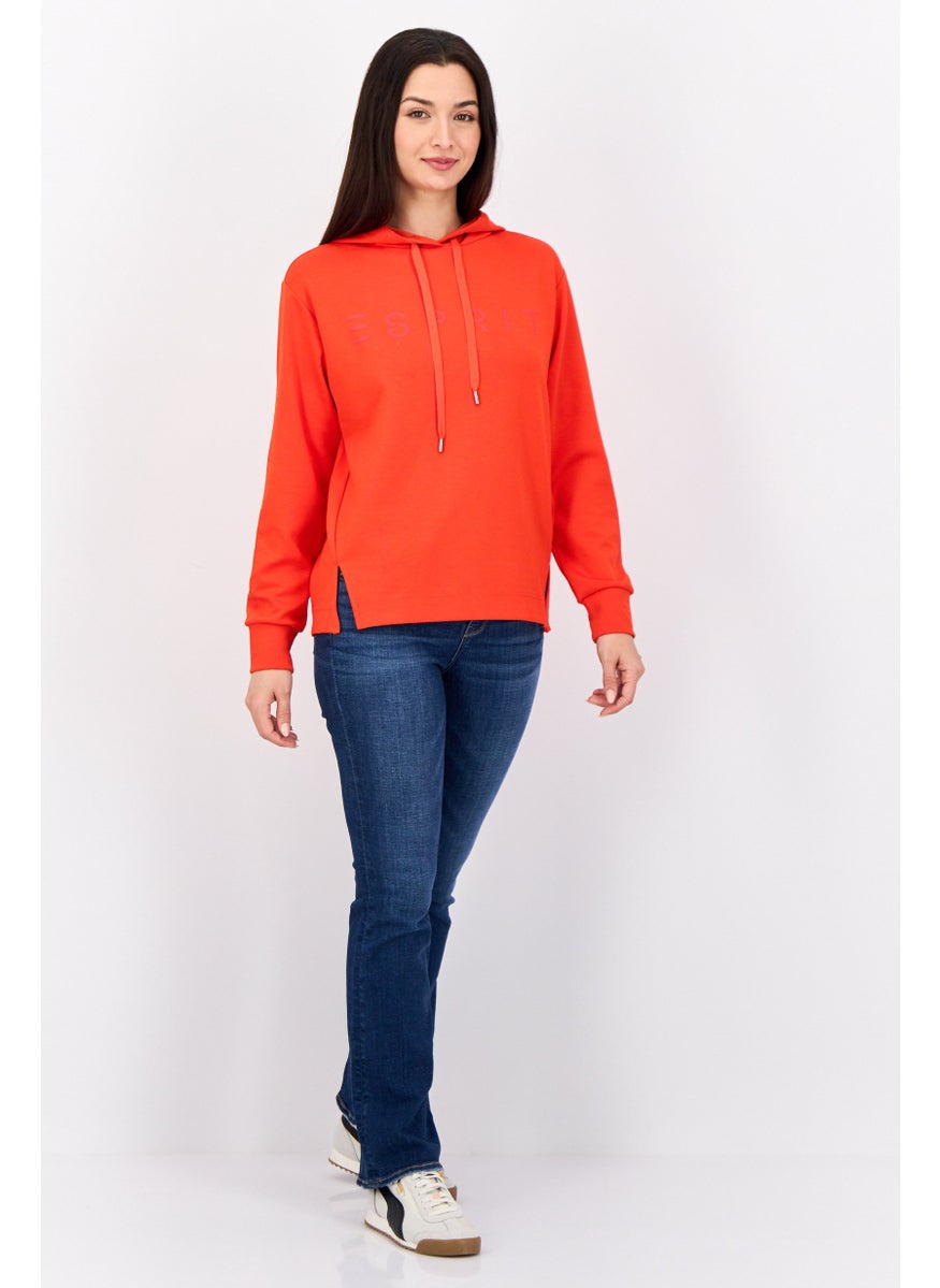 Women Brand Logo Long Sleeves Hooded Sweatshirt, Red