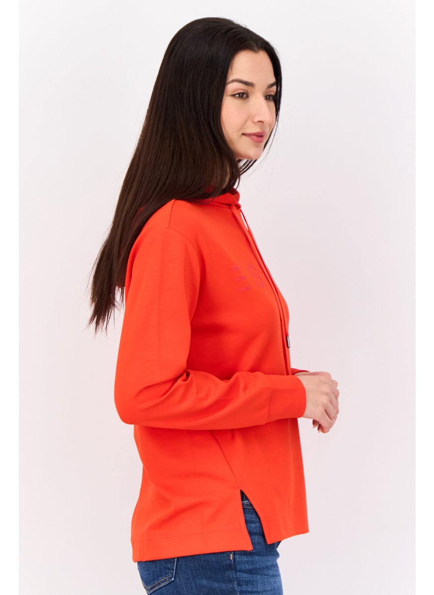 Women Brand Logo Long Sleeves Hooded Sweatshirt, Red