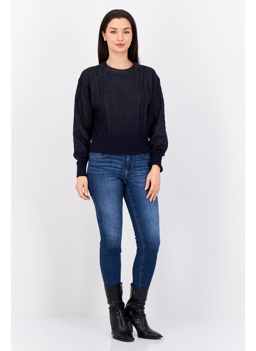 Women Round Neck Textured Long Sleeves Crop Sweatshirt, Navy