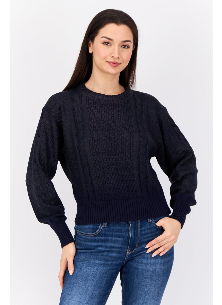 Women Round Neck Textured Long Sleeves Crop Sweatshirt, Navy