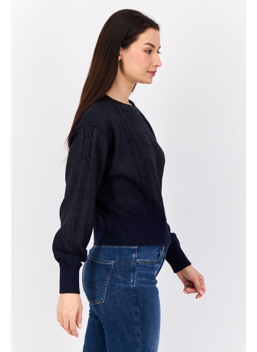 Women Round Neck Textured Long Sleeves Crop Sweatshirt, Navy