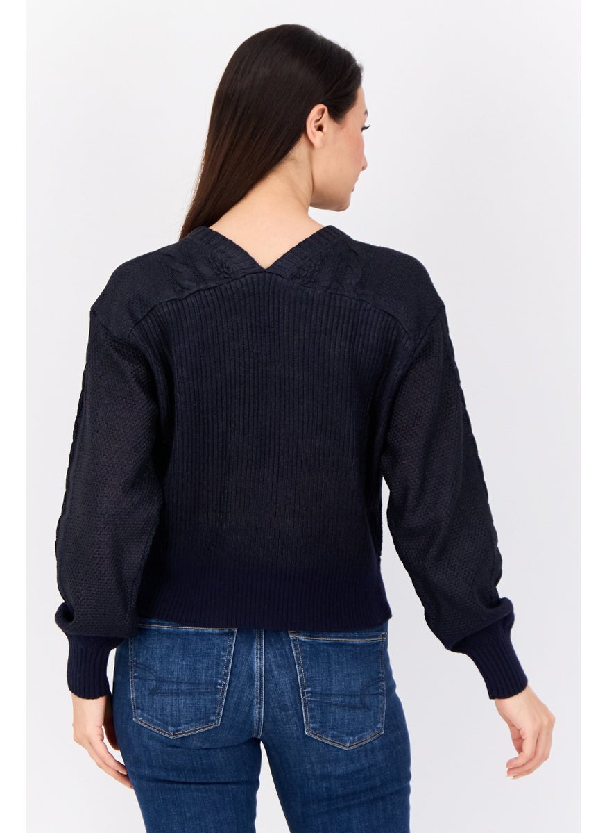Women Round Neck Textured Long Sleeves Crop Sweatshirt, Navy