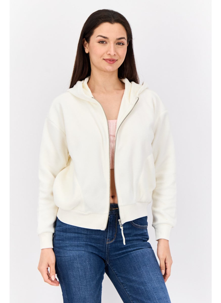 Women Hooded  Textured Long Sleeves Full Zip Sweatshirt, White