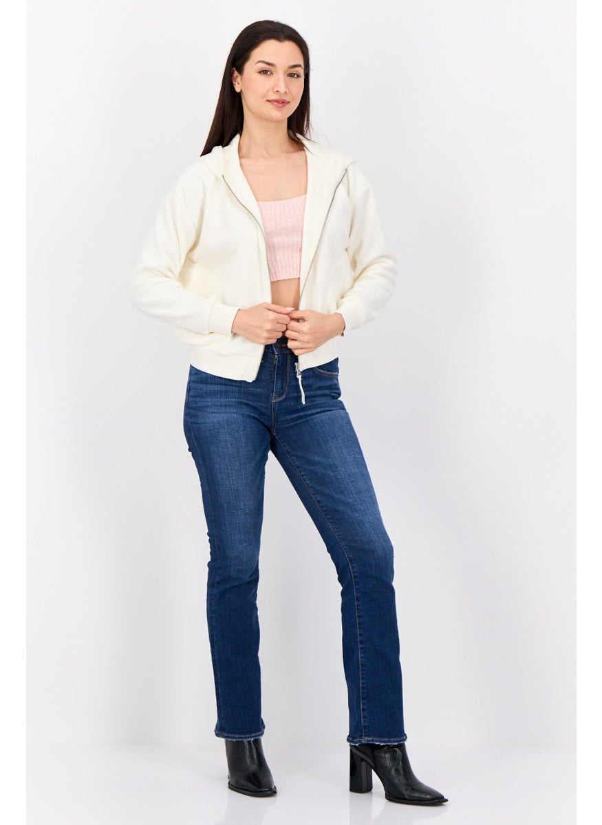 Women Hooded  Textured Long Sleeves Full Zip Sweatshirt, White