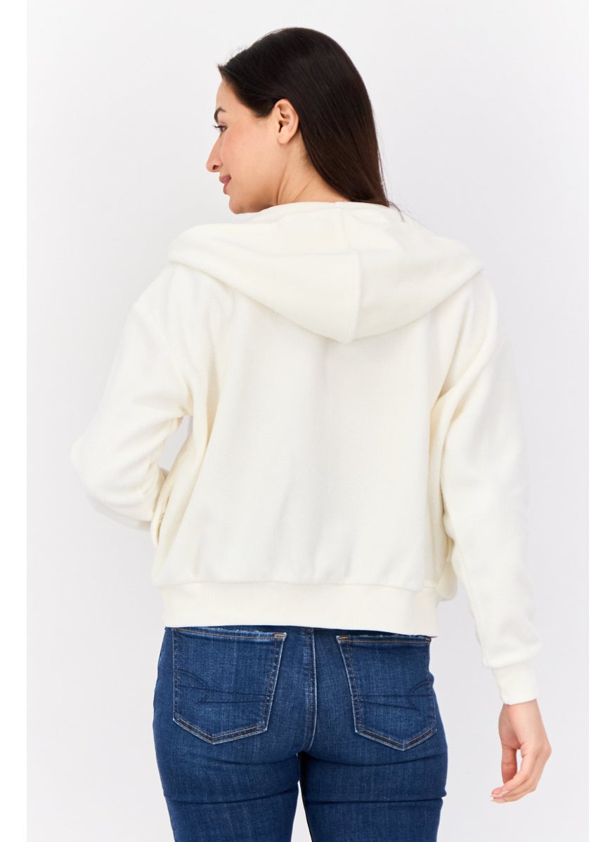 Women Hooded  Textured Long Sleeves Full Zip Sweatshirt, White