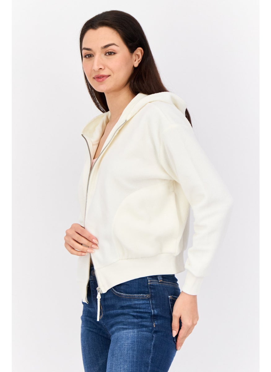 Women Hooded  Textured Long Sleeves Full Zip Sweatshirt, White