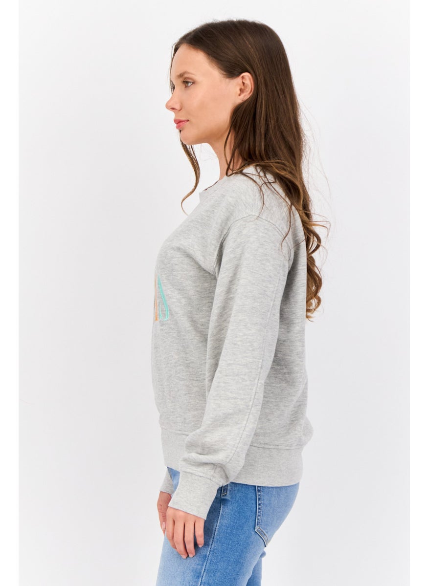 Women Crew Neck Embroidered Long Sleeves Sweatshirt, Grey