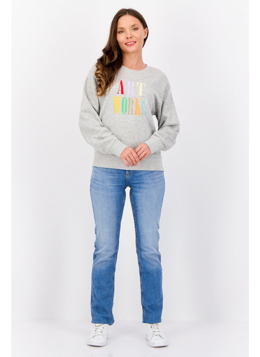 Women Crew Neck Embroidered Long Sleeves Sweatshirt, Grey