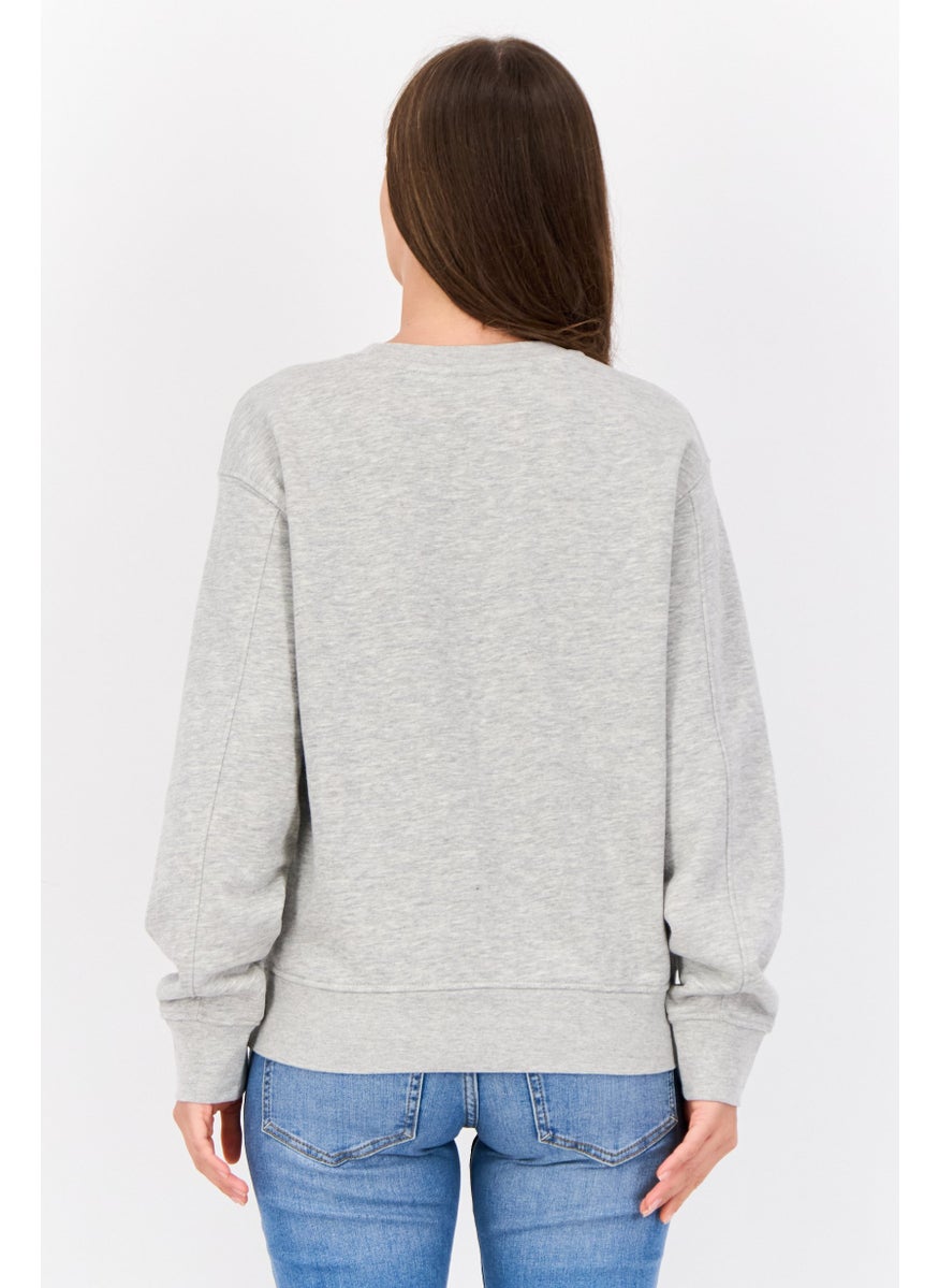 Women Crew Neck Embroidered Long Sleeves Sweatshirt, Grey