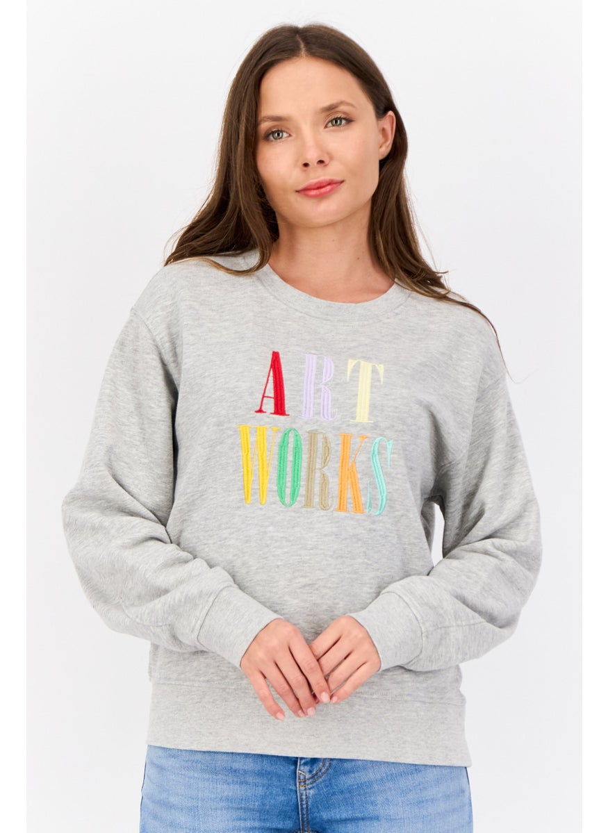 Women Crew Neck Embroidered Long Sleeves Sweatshirt, Grey