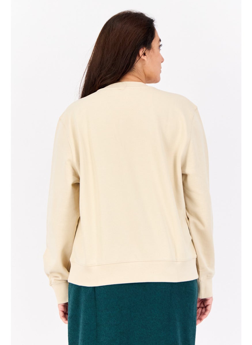 Women Crew Neck Solid Long Sleeves Sweatshirt, Beige