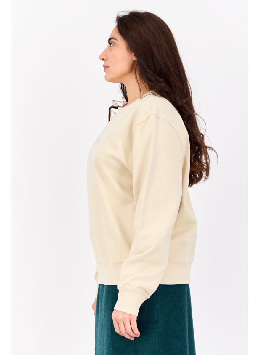 Women Crew Neck Solid Long Sleeves Sweatshirt, Beige