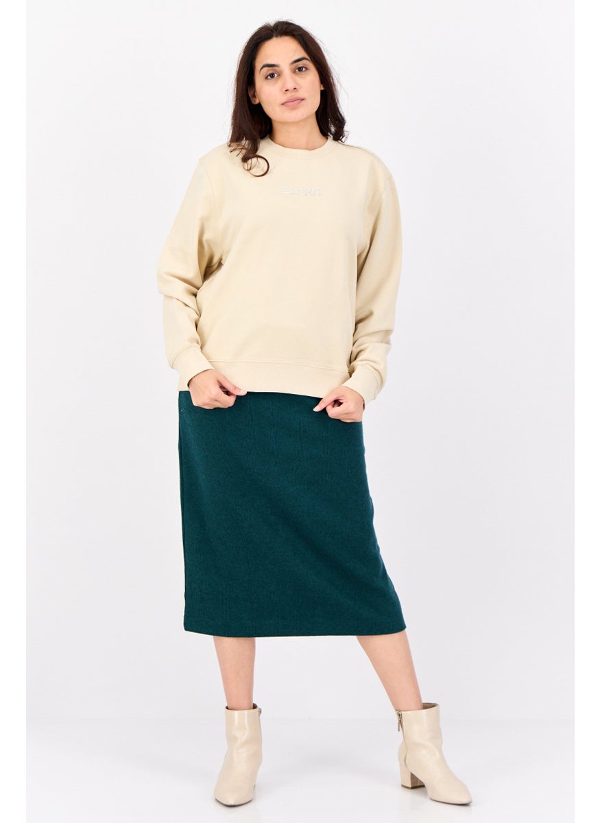 Women Crew Neck Solid Long Sleeves Sweatshirt, Beige