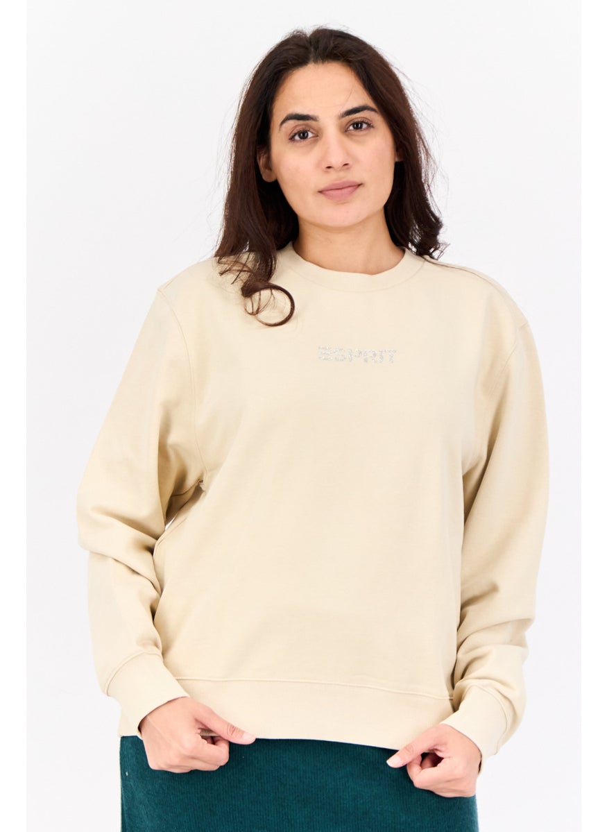 Women Crew Neck Solid Long Sleeves Sweatshirt, Beige