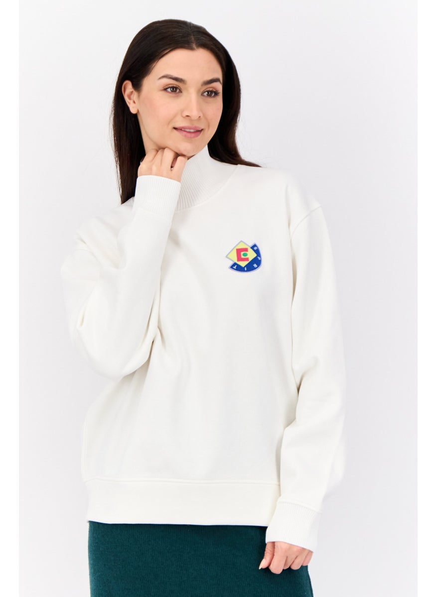 Women Mock Neck Emboidered Logo Sweatshirt, White