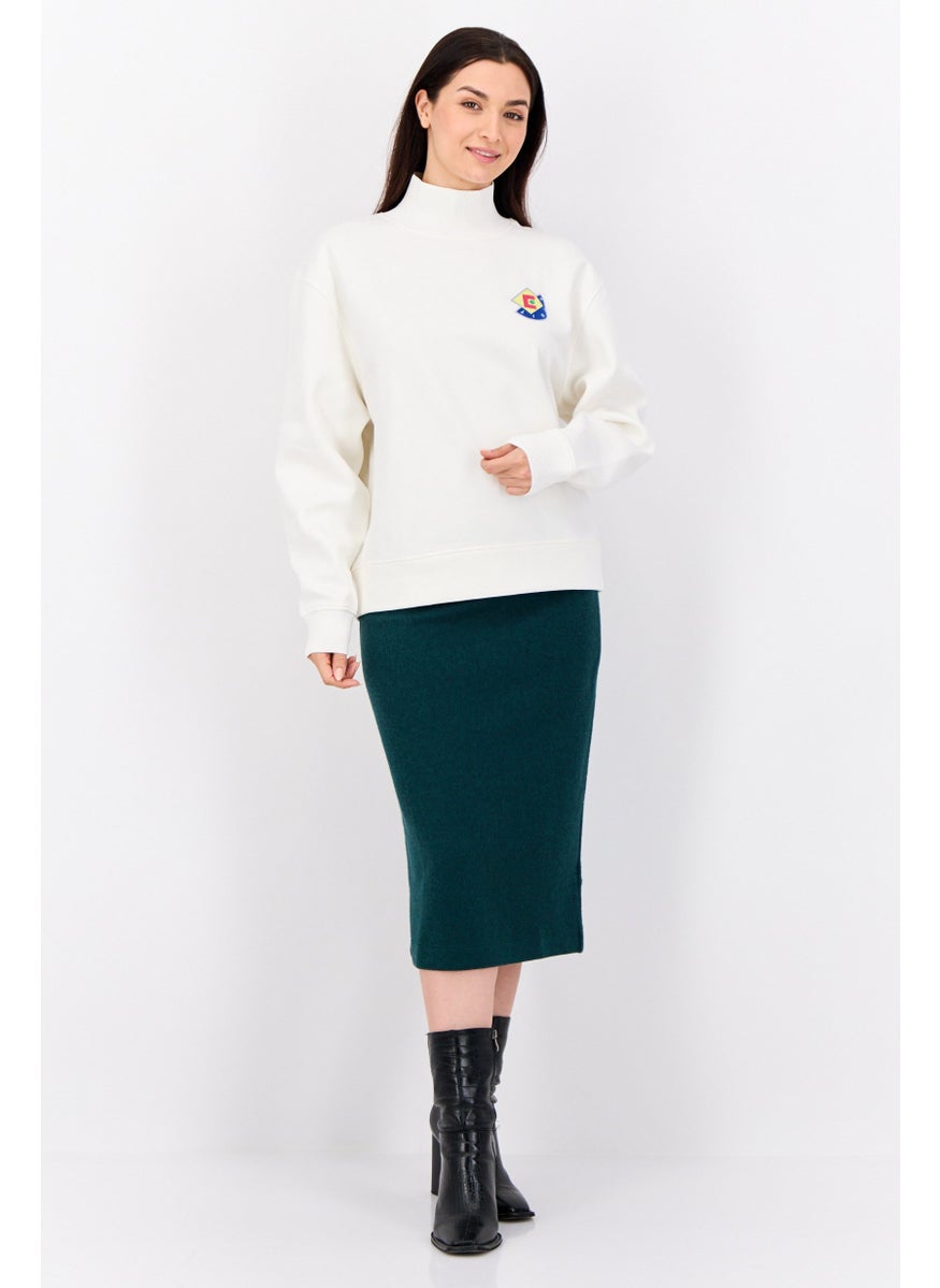 Women Mock Neck Emboidered Logo Sweatshirt, White