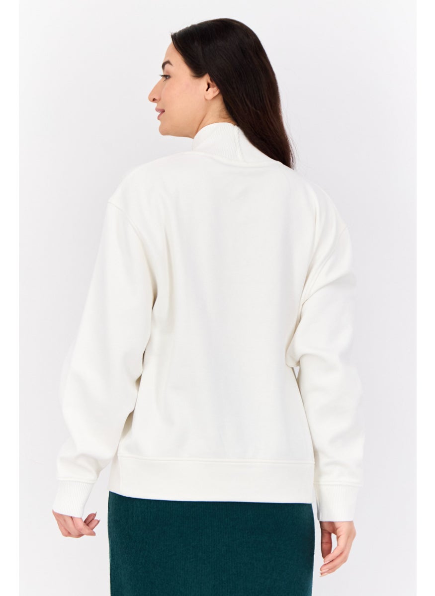 Women Mock Neck Emboidered Logo Sweatshirt, White