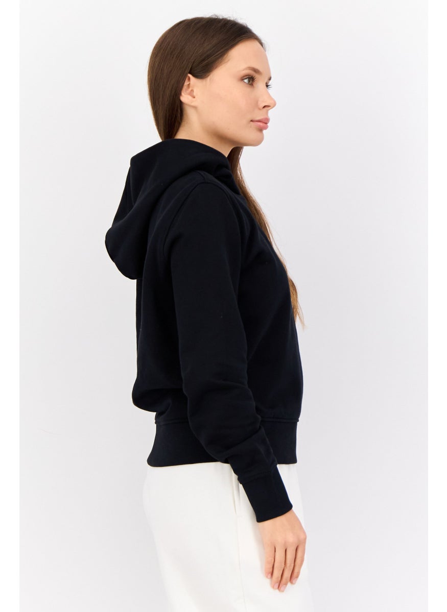 Women Embroidered Long Sleeves Hooded Sweatshirt, Dark Navy