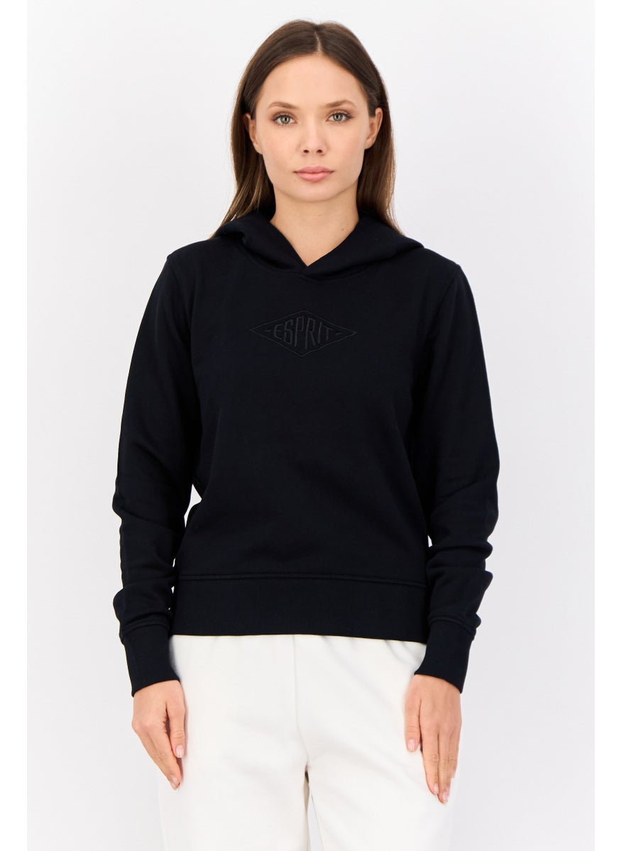 Women Embroidered Long Sleeves Hooded Sweatshirt, Dark Navy