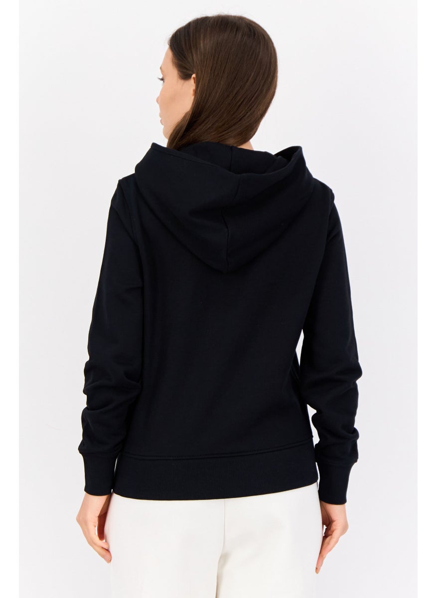 Women Embroidered Long Sleeves Hooded Sweatshirt, Dark Navy
