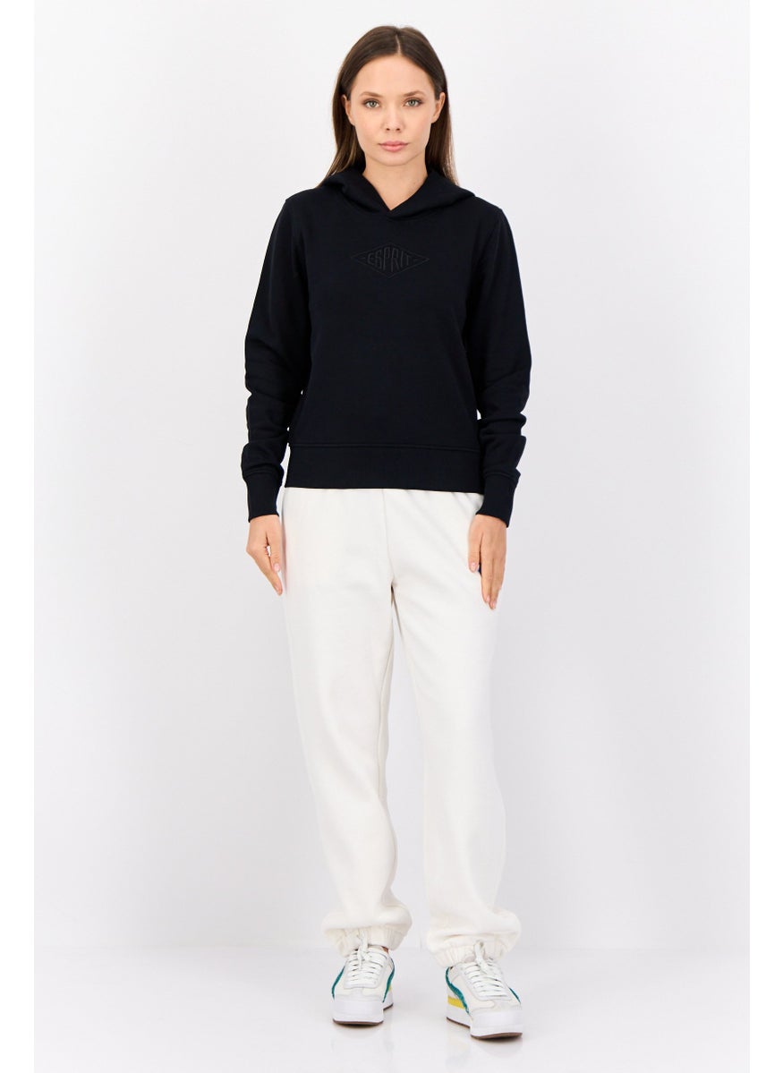Women Embroidered Long Sleeves Hooded Sweatshirt, Dark Navy
