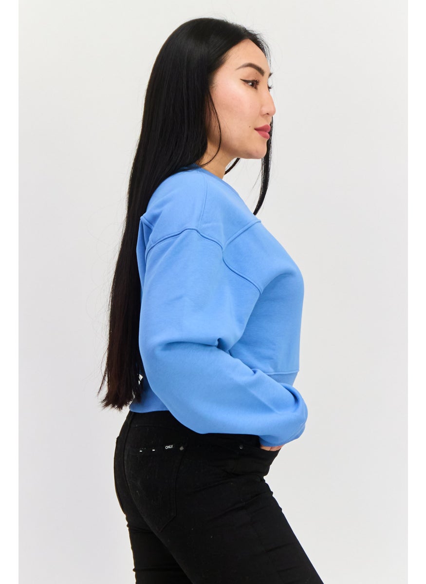 Women Crew Neck Long Sleeves Cropped Sweatshirt, Blue