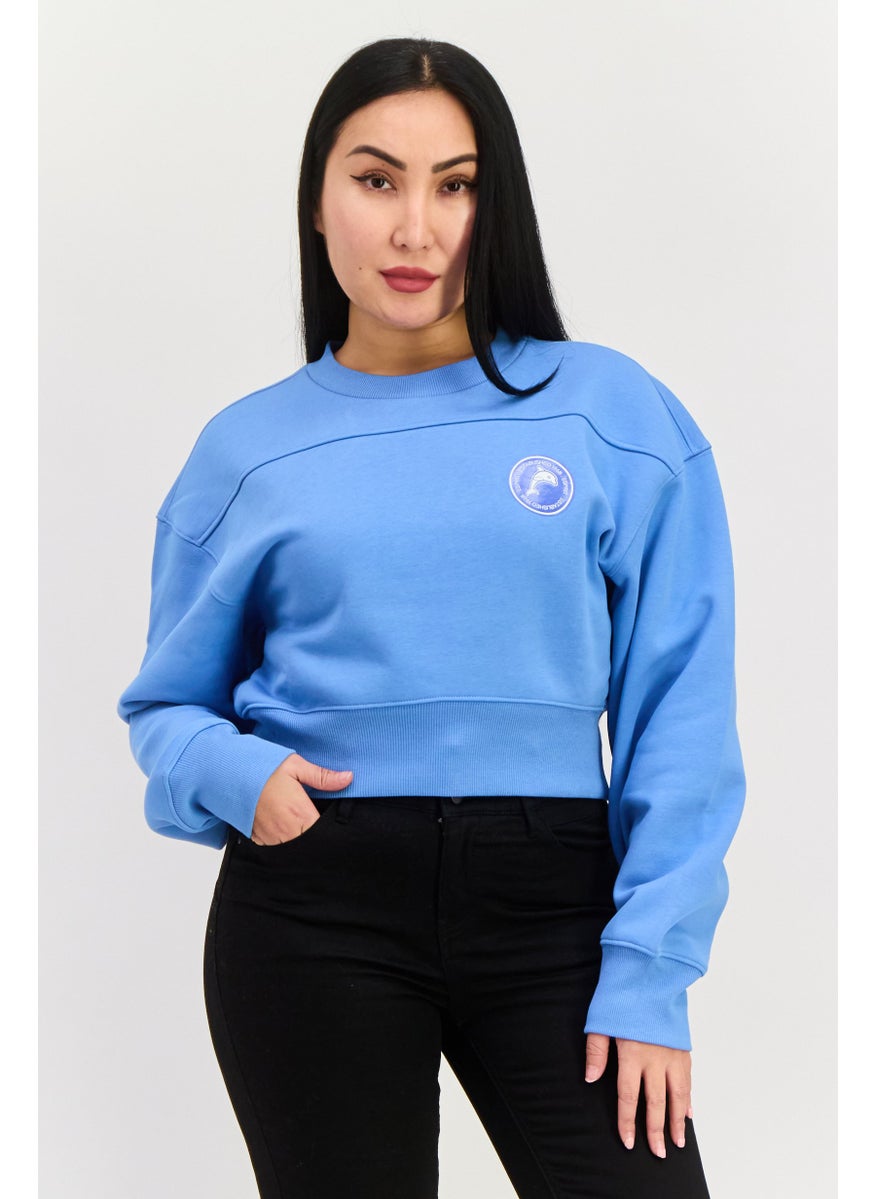 Women Crew Neck Long Sleeves Cropped Sweatshirt, Blue