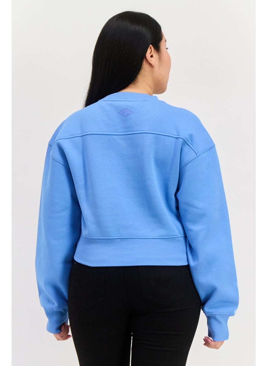 Women Crew Neck Long Sleeves Cropped Sweatshirt, Blue