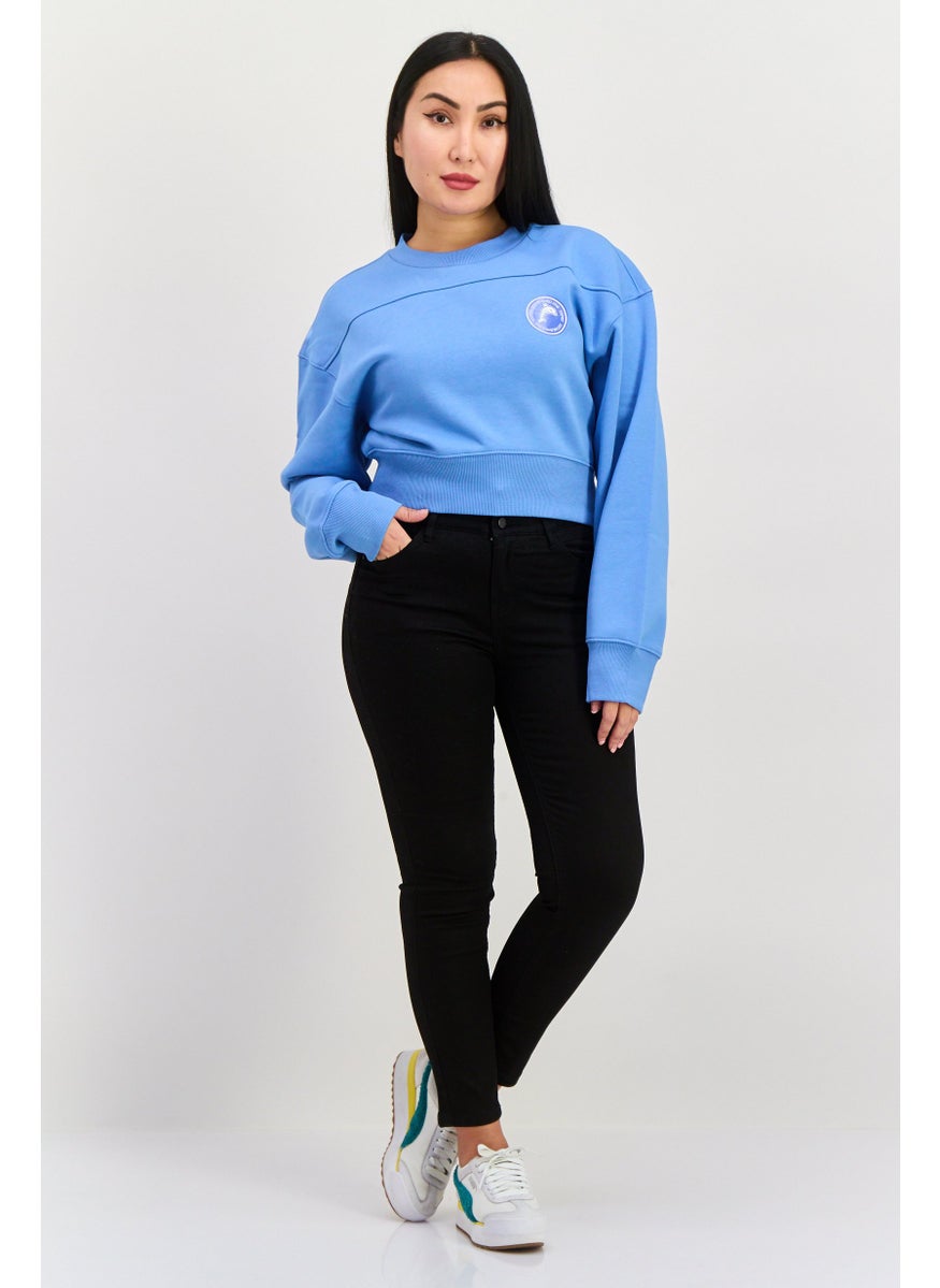 Women Crew Neck Long Sleeves Cropped Sweatshirt, Blue