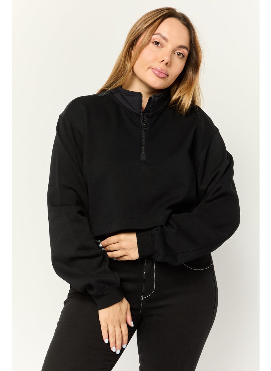 Women High Neck Solid Long Sleeves Cropped Sweatshirts, Black
