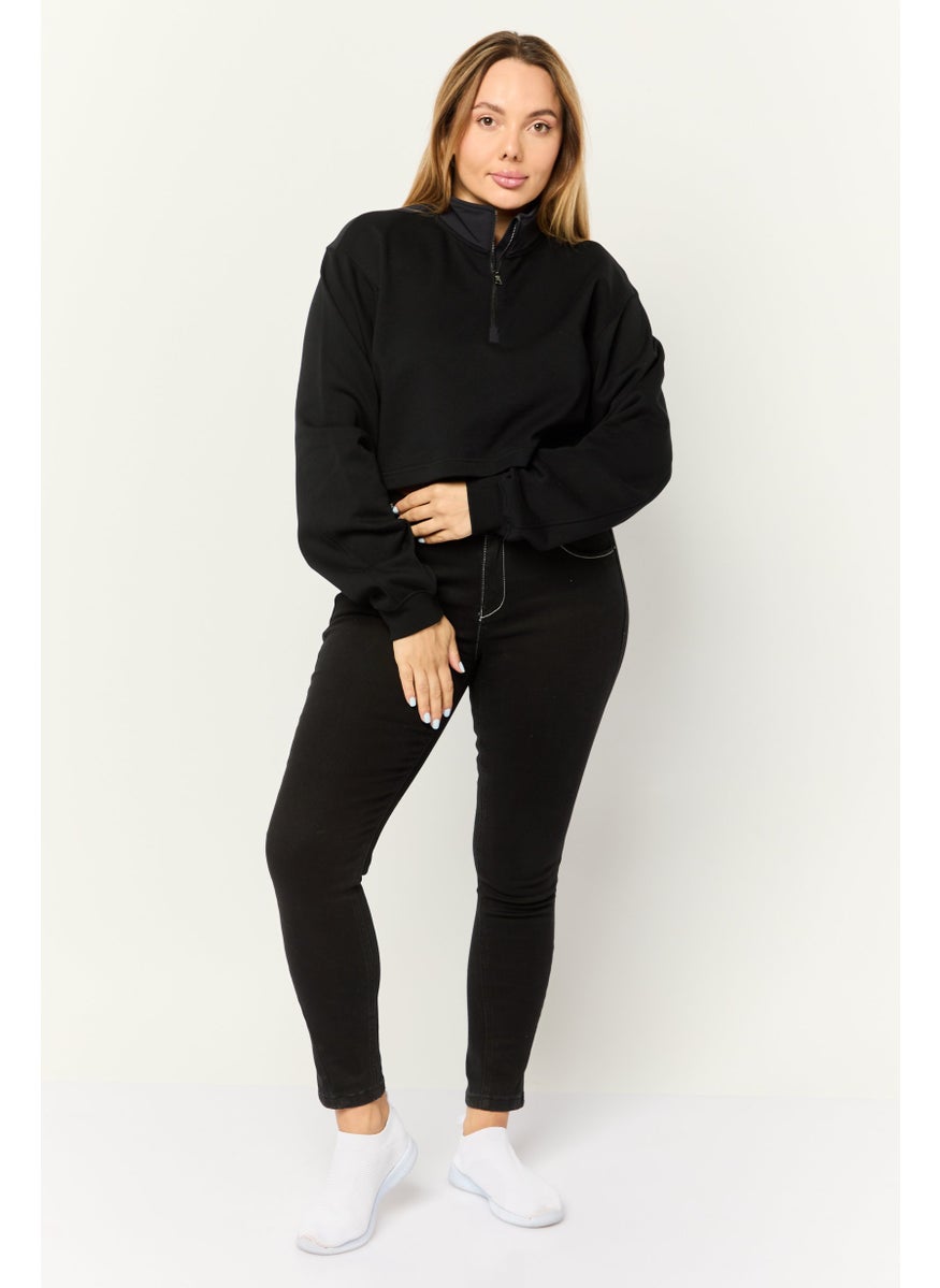 Women High Neck Solid Long Sleeves Cropped Sweatshirts, Black