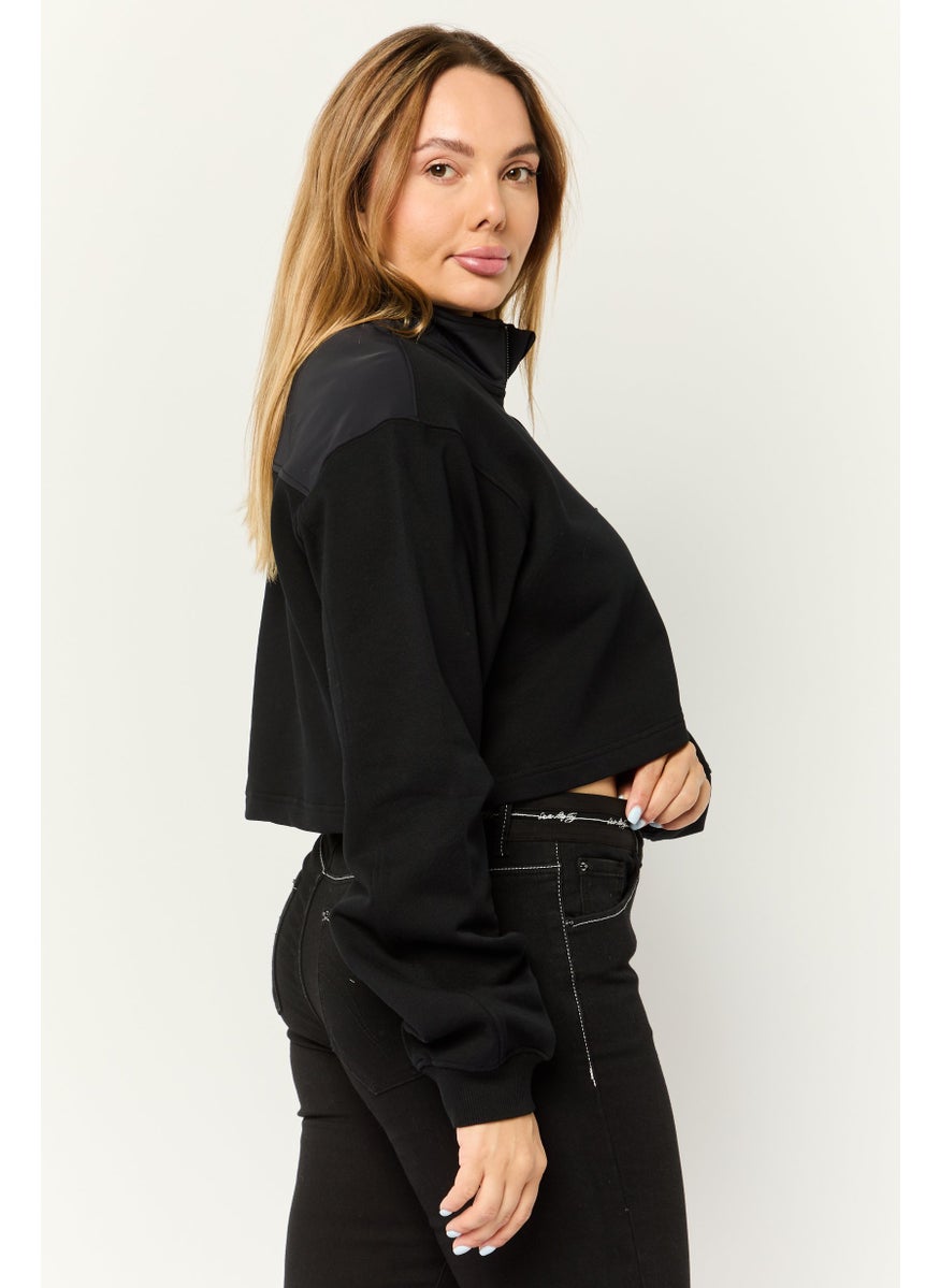 Women High Neck Solid Long Sleeves Cropped Sweatshirts, Black