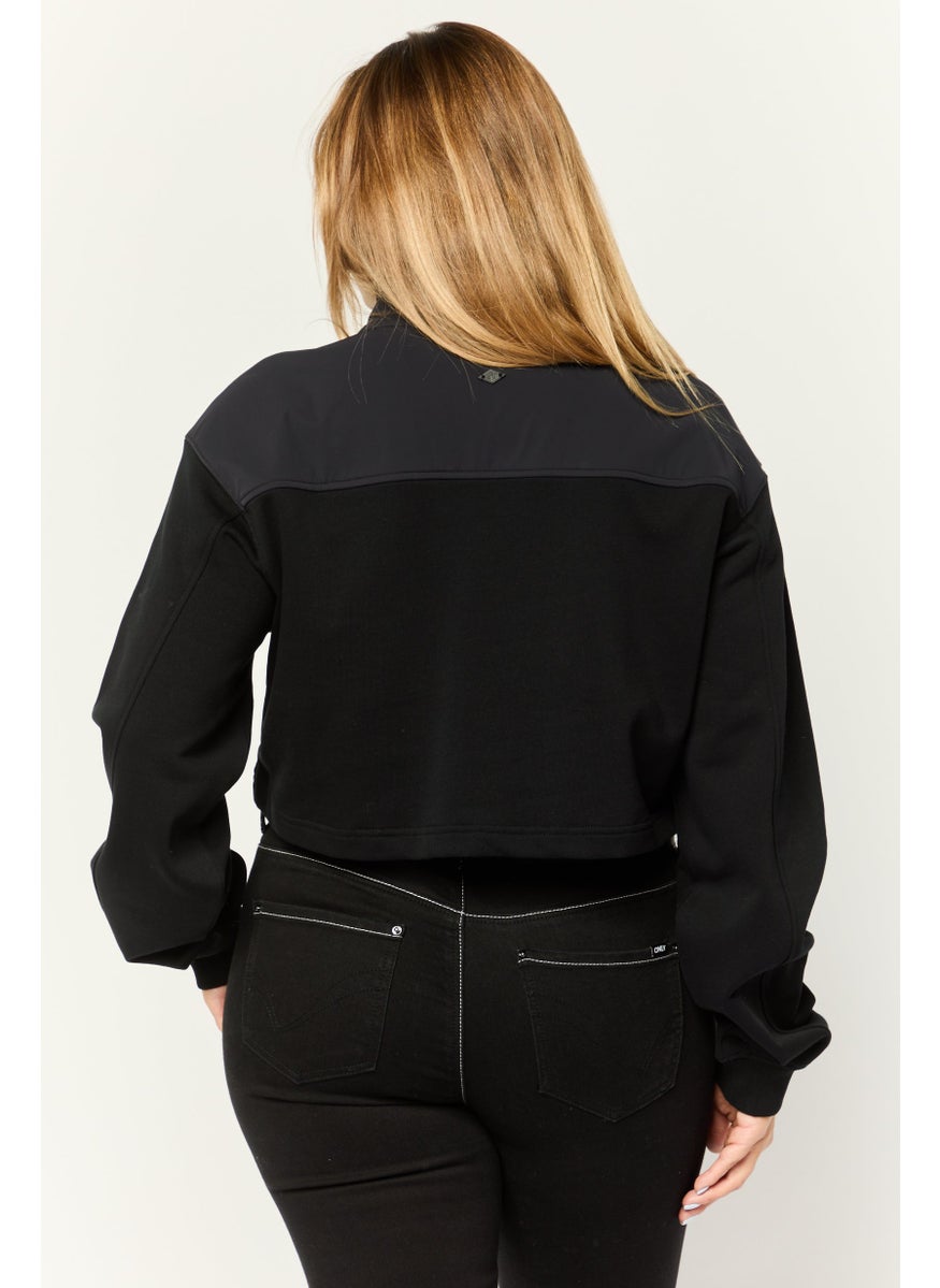 Women High Neck Solid Long Sleeves Cropped Sweatshirts, Black